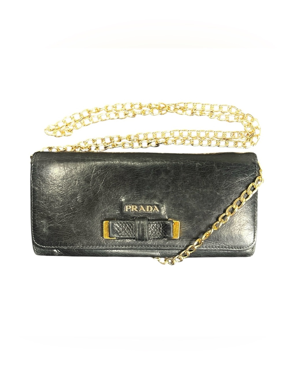Vintage Prada Black Vitello Leather Bow Ribbon Long Wallet Chain WOC Gold HW 85